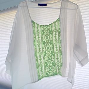 Sheer Jessica Simpson Top cream w/neon lime green  lace detail 3/4 length sleeve